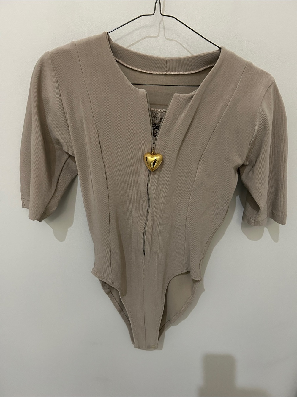 Taupe V-Neck Zip Front Bodysuit with Lace partial lining & a Gold Heart Pull